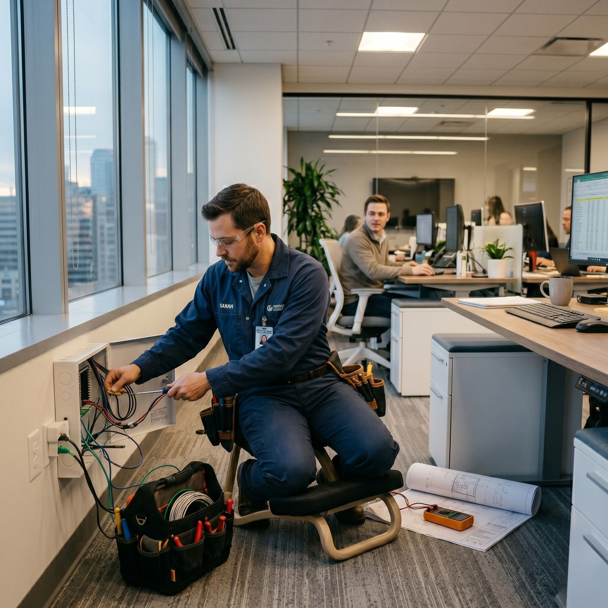 A male electrician in blue coveralls and safety glasses kneeling in a modern, sunlit office to repair an open electrical wall panel. He is using a screwdriver while a tool bag, blueprints, and a multimeter sit on the floor beside him. In the background, office employees work at their desks