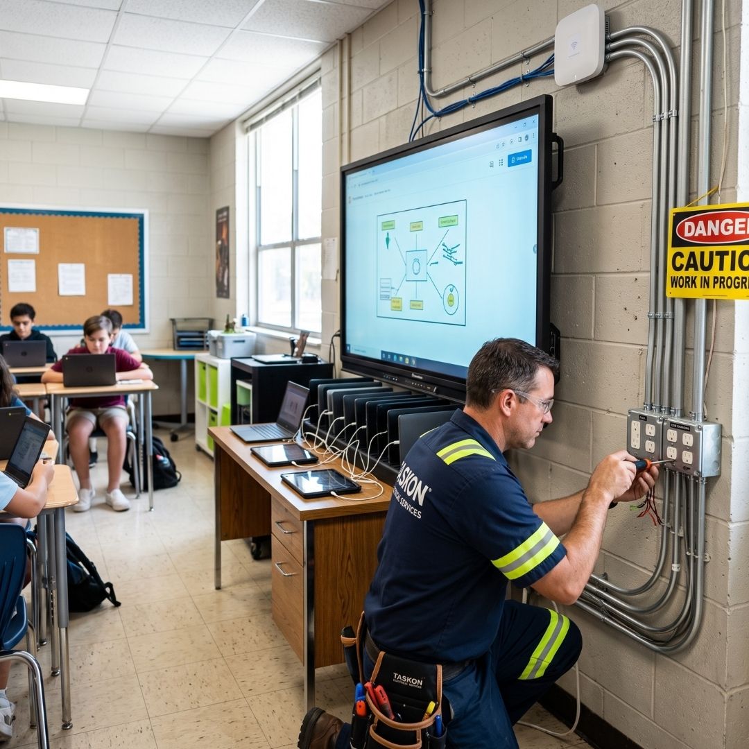 Image of an electrician working in a classroom to keep everything in working order