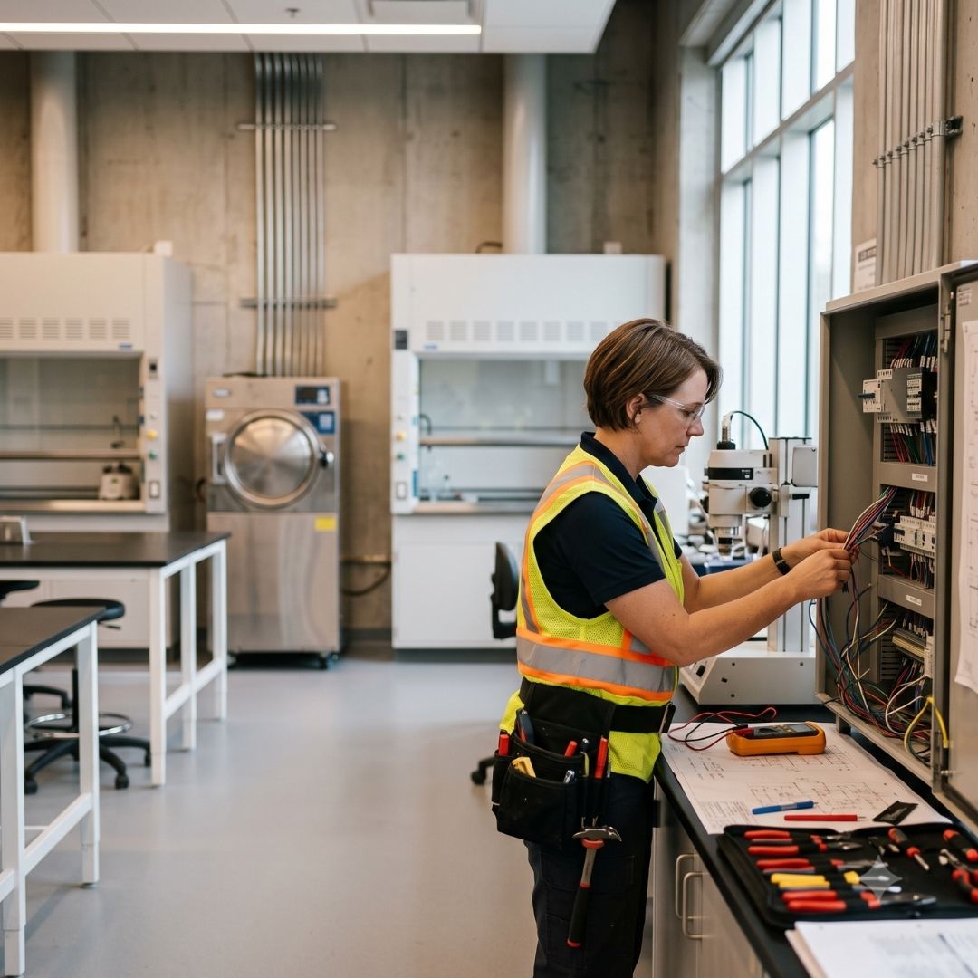 Image of an electrician working on the electrical equipment in a science lab