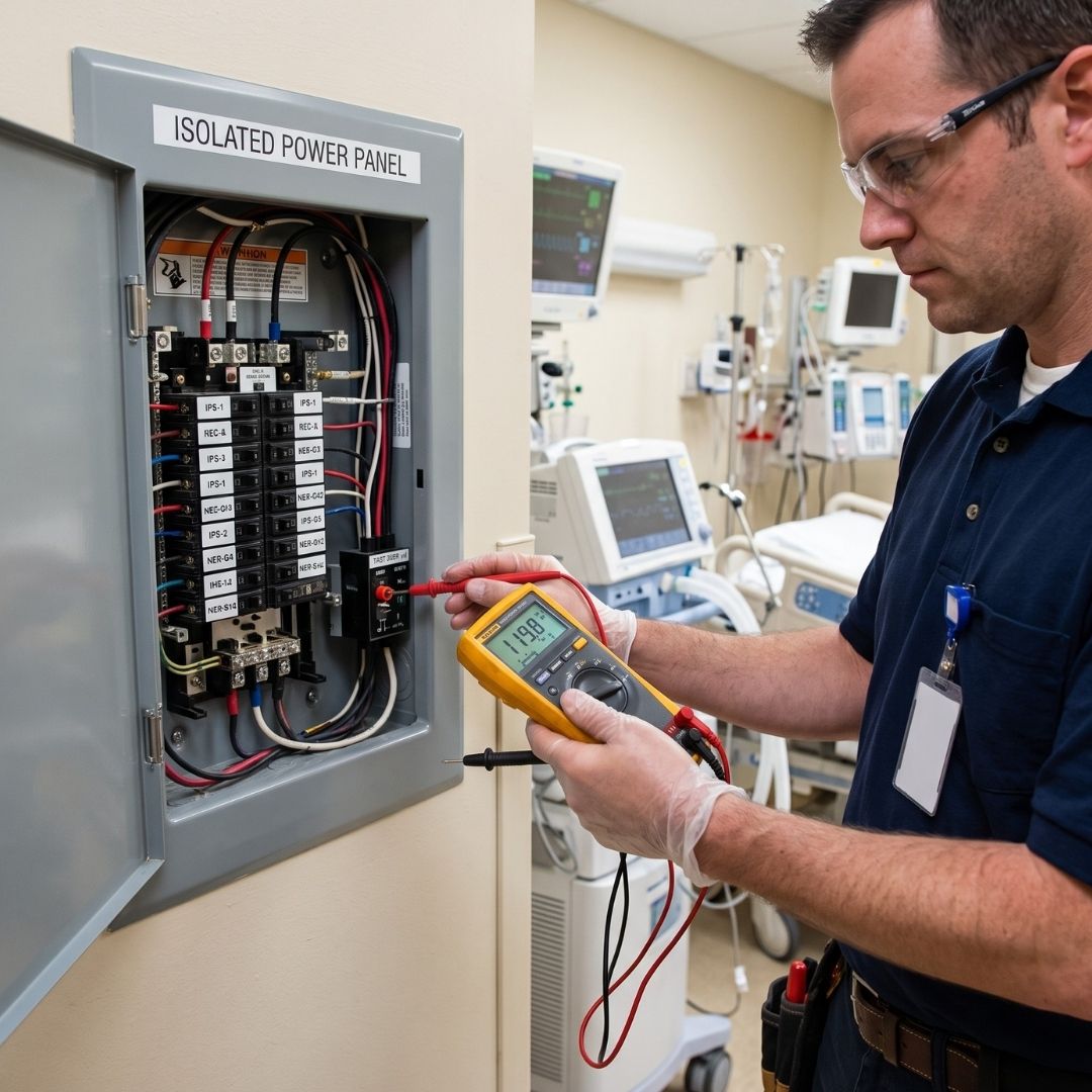 Close-up photo of a Taskon Corp electrician using a multimeter to test a labeled isolated power panel within a critical care patient room.
