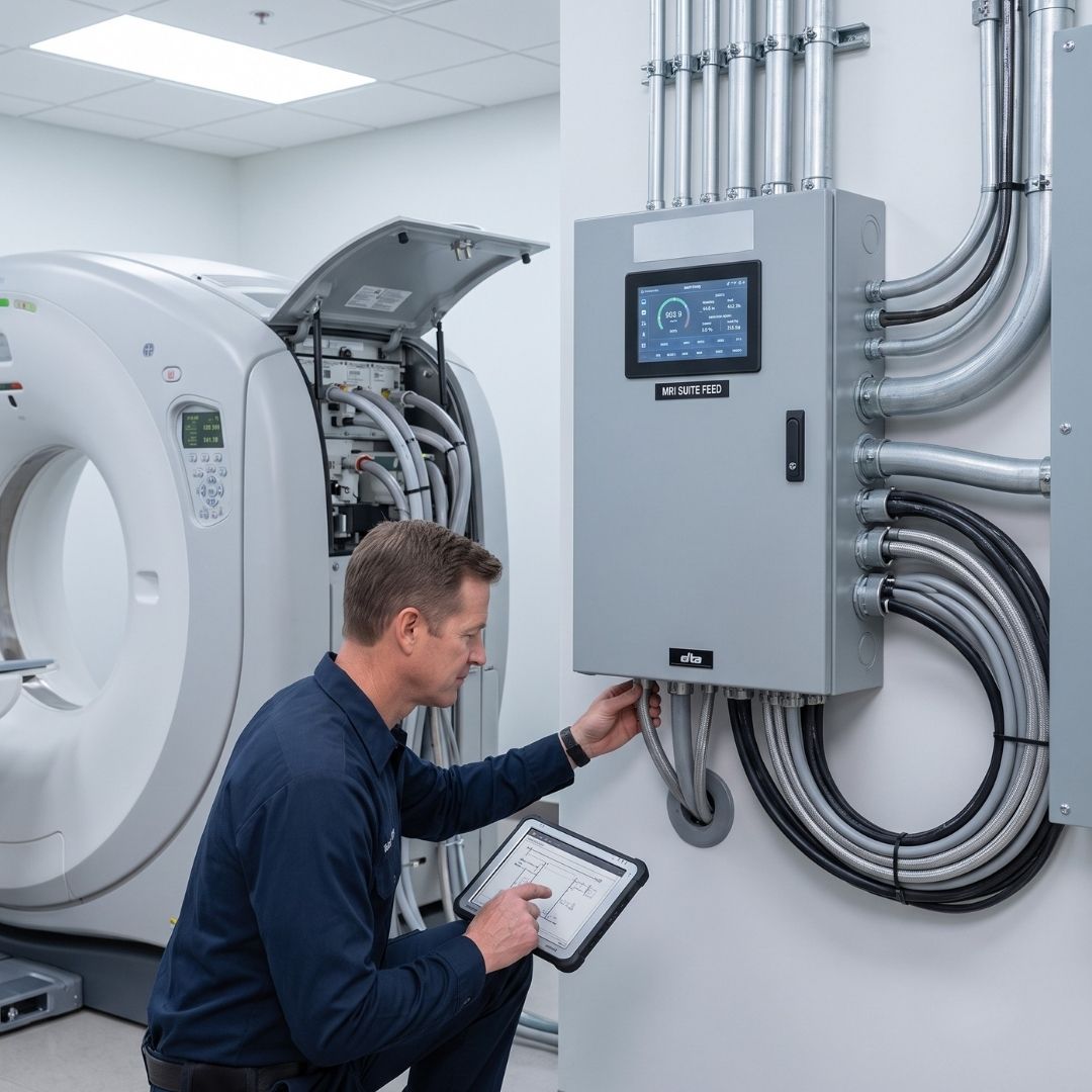 A Taskon Corp electrician checks a custom-engineered power distribution unit with a digital display integrated into a modern medical imaging suite utility room.